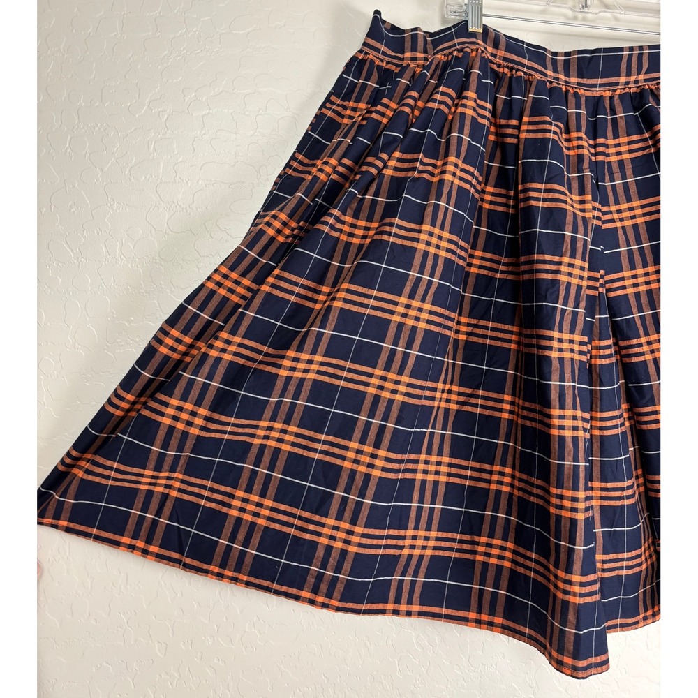 Unique Vintage Navy Orange Plaid Cotton Swing Skirt Pockets 5X 2154 - Picture 4 of 7